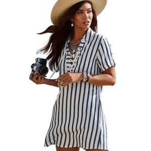 Miss Me Sailor Stripe Short Sleeve Front Lace-Up Shirt Dress/Tunic, Size Medium